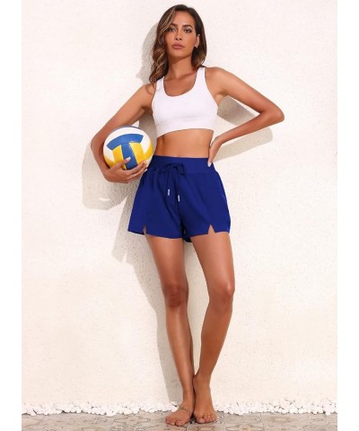 Women's 3"High Waisted Board Shorts Quick Dry Drawstring Bathing Suits Bottom with Pockets Deep Blue $12.49 Swimsuits