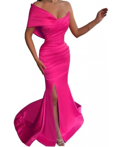 One Shoulder Mermaid Bridesmaid Dresses Long Satin Pleated Bodycon High Slit Prom Formal Evening Gowns for Wedding Fuchsia $4...