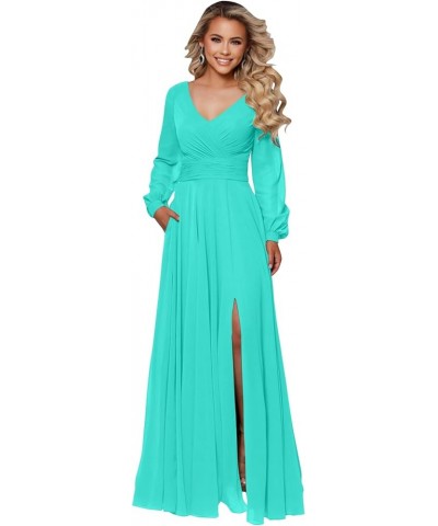 Women's Long Sleeve Bridesmaid Dresses for Wedding V Neck Chiffon A Line Formal Dress Evening Gown Turquoise $23.65 Dresses