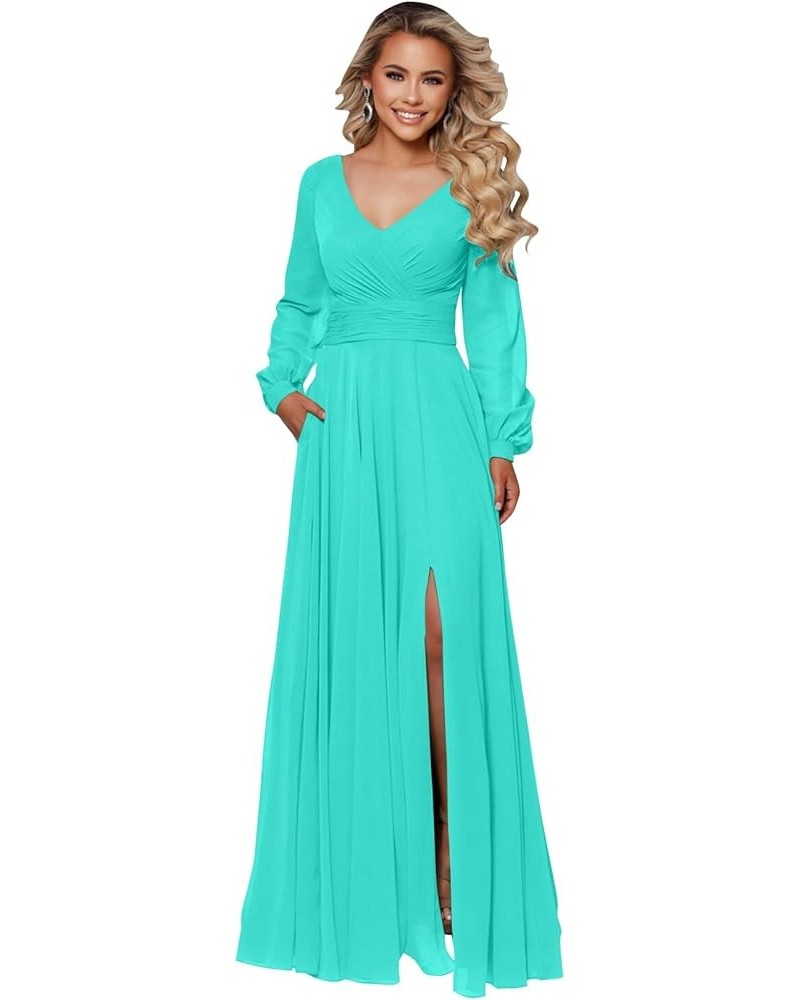 Women's Long Sleeve Bridesmaid Dresses for Wedding V Neck Chiffon A Line Formal Dress Evening Gown Turquoise $23.65 Dresses