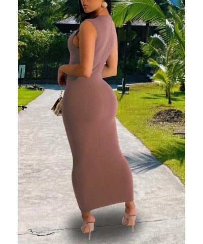 Women's Basic Ribbed Bodycon Dress Round Neck Tank Sleeveless Pencil Long Dresses B-dusty Pink $11.07 Dresses