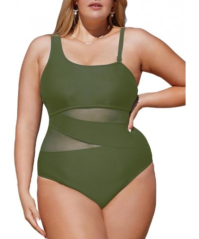 Women's Plus Size Swimsuit One Piece Bathing Suit Mesh Removable Straps Swimwear Army Green $21.15 Swimsuits