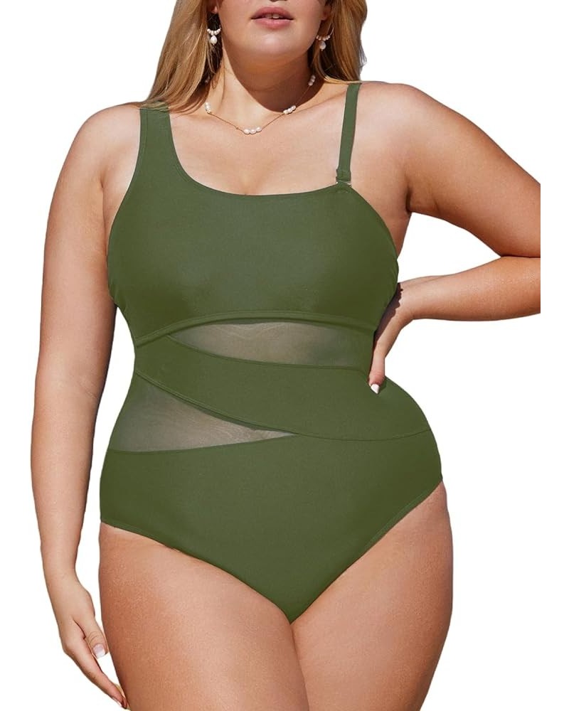 Women's Plus Size Swimsuit One Piece Bathing Suit Mesh Removable Straps Swimwear Army Green $21.15 Swimsuits