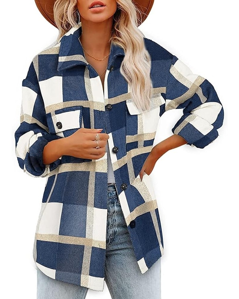 Plaid Shacket Womens Flannel Shacket Jacket Casual Plaid Shacket Long Sleeve Button Down Shirts with Pocket 09-navy $8.47 Jac...