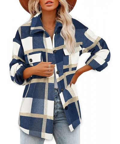 Plaid Shacket Womens Flannel Shacket Jacket Casual Plaid Shacket Long Sleeve Button Down Shirts with Pocket 09-navy $8.47 Jac...