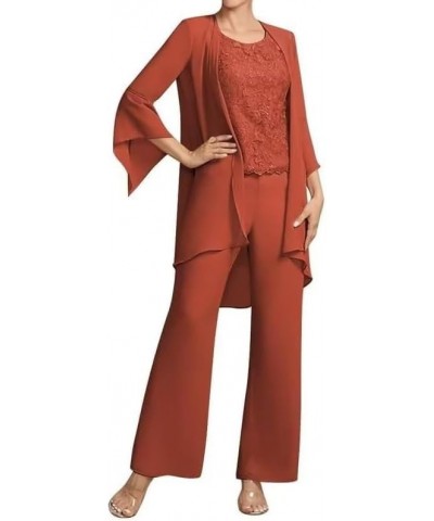 3 Pieces Mother of The Bride Pant Suits for Wedding Lace Appliques Outfit Sets with Jacket Rust $26.20 Suits