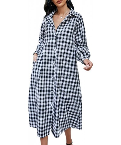 Women Cotton and Linen Shirt Dress Casual Loose Maxi Dresses Blackplaid $14.70 Dresses