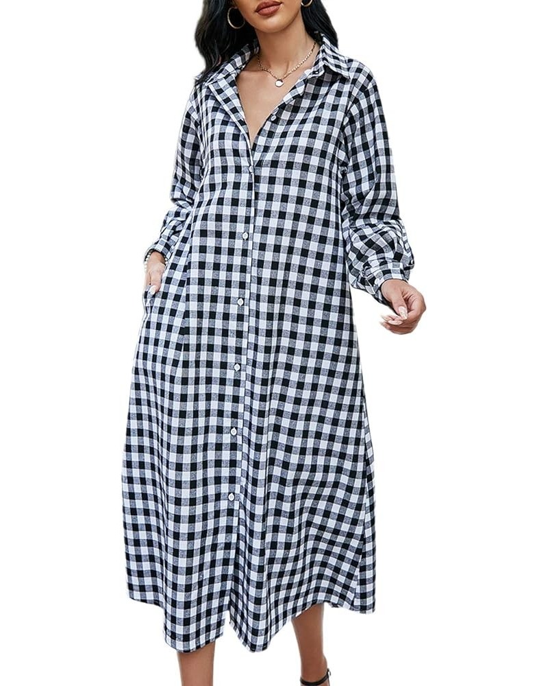 Women Cotton and Linen Shirt Dress Casual Loose Maxi Dresses Blackplaid $14.70 Dresses