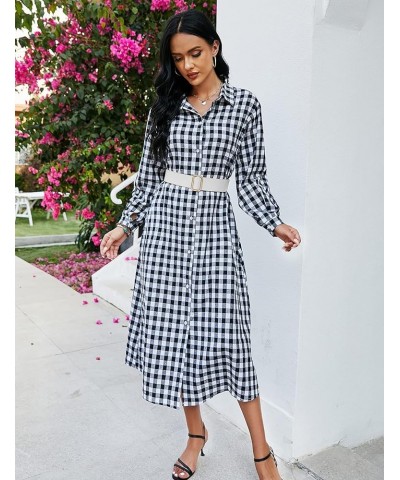 Women Cotton and Linen Shirt Dress Casual Loose Maxi Dresses Blackplaid $14.70 Dresses