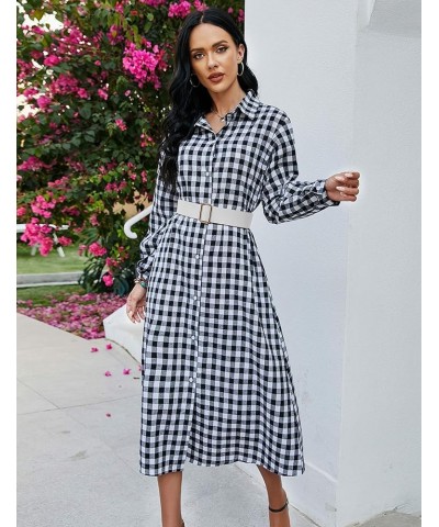 Women Cotton and Linen Shirt Dress Casual Loose Maxi Dresses Blackplaid $14.70 Dresses