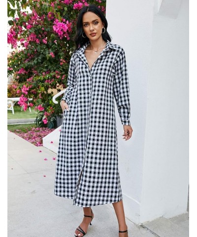 Women Cotton and Linen Shirt Dress Casual Loose Maxi Dresses Blackplaid $14.70 Dresses