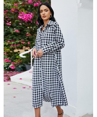 Women Cotton and Linen Shirt Dress Casual Loose Maxi Dresses Blackplaid $14.70 Dresses