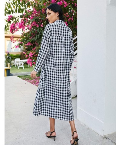 Women Cotton and Linen Shirt Dress Casual Loose Maxi Dresses Blackplaid $14.70 Dresses