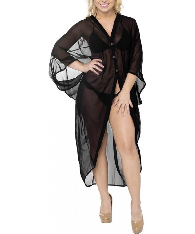 Women's Beach Solid Sheer Button Down Kimono Bathing suit Cover up Casual Summer Duster Cardigan Kimonos for Women Black, Sol...