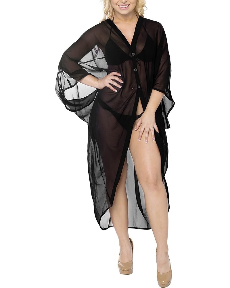 Women's Beach Solid Sheer Button Down Kimono Bathing suit Cover up Casual Summer Duster Cardigan Kimonos for Women Black, Sol...