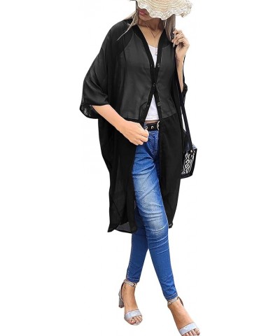 Women's Beach Solid Sheer Button Down Kimono Bathing suit Cover up Casual Summer Duster Cardigan Kimonos for Women Black, Sol...