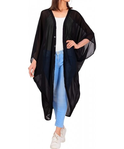 Women's Beach Solid Sheer Button Down Kimono Bathing suit Cover up Casual Summer Duster Cardigan Kimonos for Women Black, Sol...