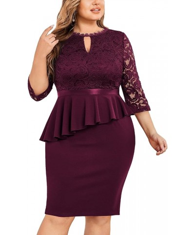 Women's Plus Size Contrast Lace Keyhole Neckline Peplum Bodycon Vintage Cocktail Dress Burgundy $25.97 Dresses