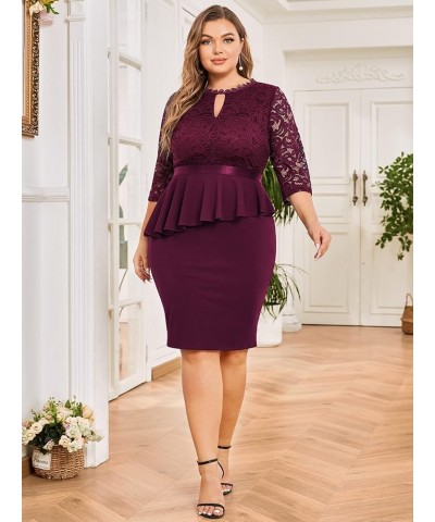 Women's Plus Size Contrast Lace Keyhole Neckline Peplum Bodycon Vintage Cocktail Dress Burgundy $25.97 Dresses