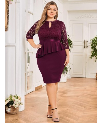 Women's Plus Size Contrast Lace Keyhole Neckline Peplum Bodycon Vintage Cocktail Dress Burgundy $25.97 Dresses