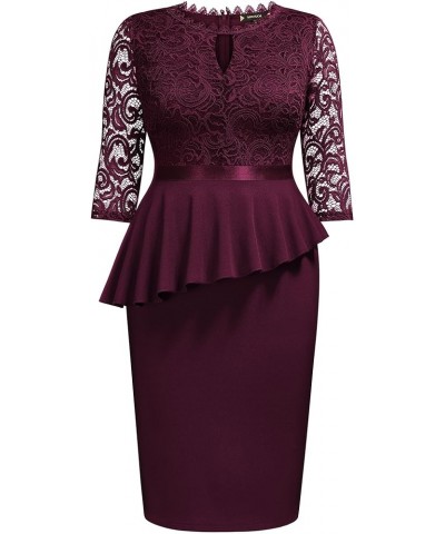 Women's Plus Size Contrast Lace Keyhole Neckline Peplum Bodycon Vintage Cocktail Dress Burgundy $25.97 Dresses