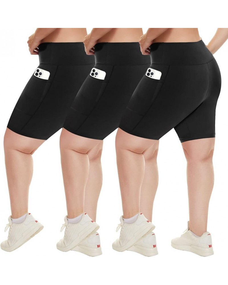 3 Pack Plus Size Biker Shorts with Pockets for Women (S-4XL)- 8"/5" High Waist Tummy Control Shorts for Yoga 8 inch(2 Pockets...