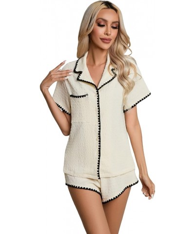 Women's Notch Collar Short Sleeve Sleepwear Two Piece Pajama Set Beige and Black $11.75 Sleep & Lounge