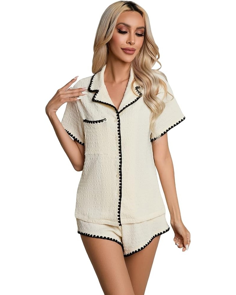 Women's Notch Collar Short Sleeve Sleepwear Two Piece Pajama Set Beige and Black $11.75 Sleep & Lounge