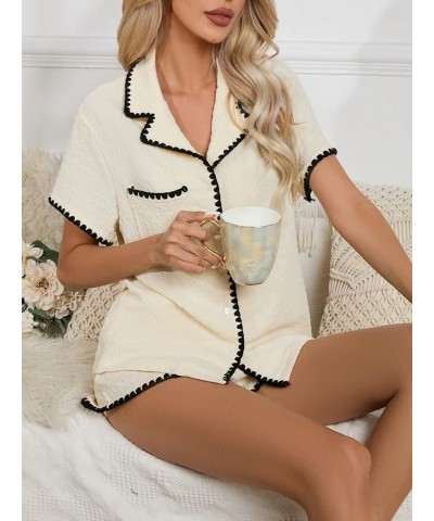 Women's Notch Collar Short Sleeve Sleepwear Two Piece Pajama Set Beige and Black $11.75 Sleep & Lounge