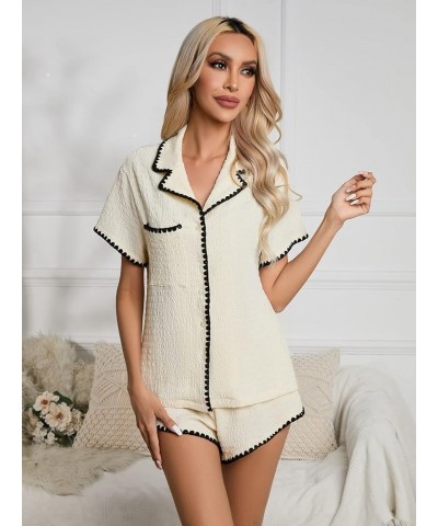 Women's Notch Collar Short Sleeve Sleepwear Two Piece Pajama Set Beige and Black $11.75 Sleep & Lounge