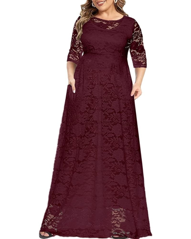 Women's Plus Size Floral Lace Wedding Dress 3 4 Sleeve Bridesmaid Evening Party Long Maxi Dresses with Pockets B-wine Red $31...