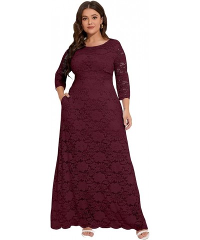 Women's Plus Size Floral Lace Wedding Dress 3 4 Sleeve Bridesmaid Evening Party Long Maxi Dresses with Pockets B-wine Red $31...