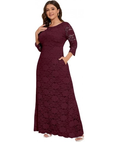 Women's Plus Size Floral Lace Wedding Dress 3 4 Sleeve Bridesmaid Evening Party Long Maxi Dresses with Pockets B-wine Red $31...