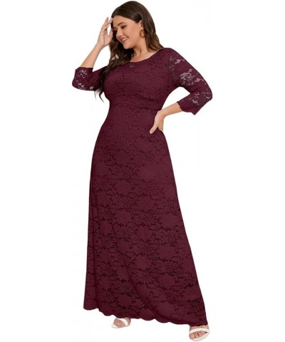 Women's Plus Size Floral Lace Wedding Dress 3 4 Sleeve Bridesmaid Evening Party Long Maxi Dresses with Pockets B-wine Red $31...