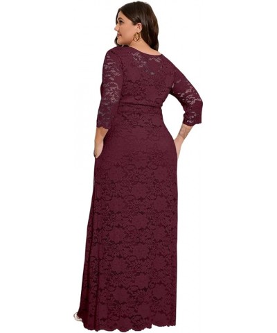 Women's Plus Size Floral Lace Wedding Dress 3 4 Sleeve Bridesmaid Evening Party Long Maxi Dresses with Pockets B-wine Red $31...