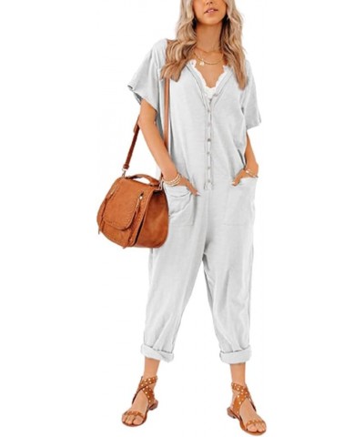 Oversize Women's One Piece Button Up Jumpsuit Casual Loose Short Sleeve V Neck Onesies Rompers With Pockets White $22.50 Jump...