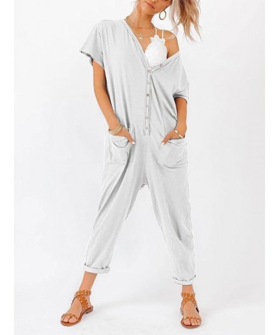 Oversize Women's One Piece Button Up Jumpsuit Casual Loose Short Sleeve V Neck Onesies Rompers With Pockets White $22.50 Jump...