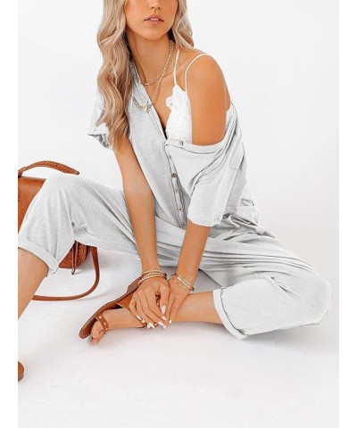 Oversize Women's One Piece Button Up Jumpsuit Casual Loose Short Sleeve V Neck Onesies Rompers With Pockets White $22.50 Jump...