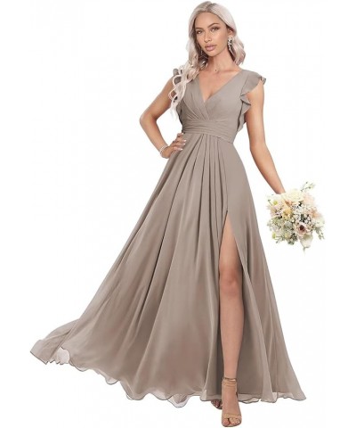 Women's Ruffles Bridesmaid Dresses with Slit Long V Neck Formal Party Dress with Pockets KO009 Taupe $29.14 Dresses