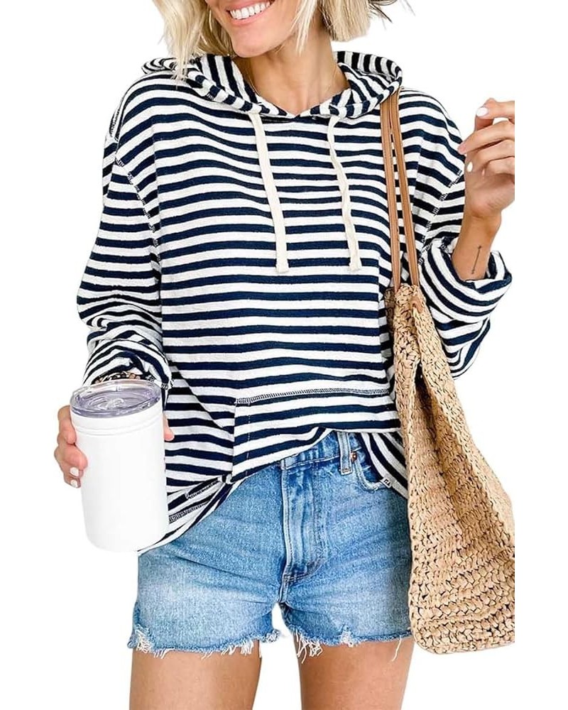 Women Casual Striped Long Sleeve hooded Kangaroo Pocket Drawstring Hoodie Pullover Tops Black $12.99 Hoodies & Sweatshirts