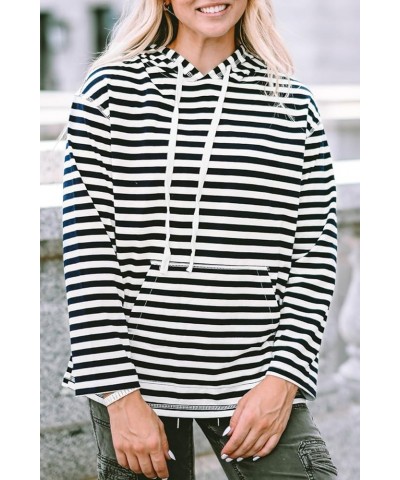 Women Casual Striped Long Sleeve hooded Kangaroo Pocket Drawstring Hoodie Pullover Tops Black $12.99 Hoodies & Sweatshirts