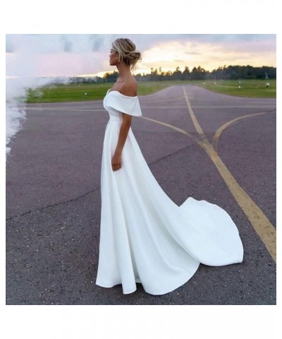 Off Shoulder Split Prom Dresses Long Satin Ball Gown Floor Length Formal Dress Evening Gowns Simple Wedding Dress for Women R...