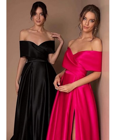 Off Shoulder Split Prom Dresses Long Satin Ball Gown Floor Length Formal Dress Evening Gowns Simple Wedding Dress for Women R...