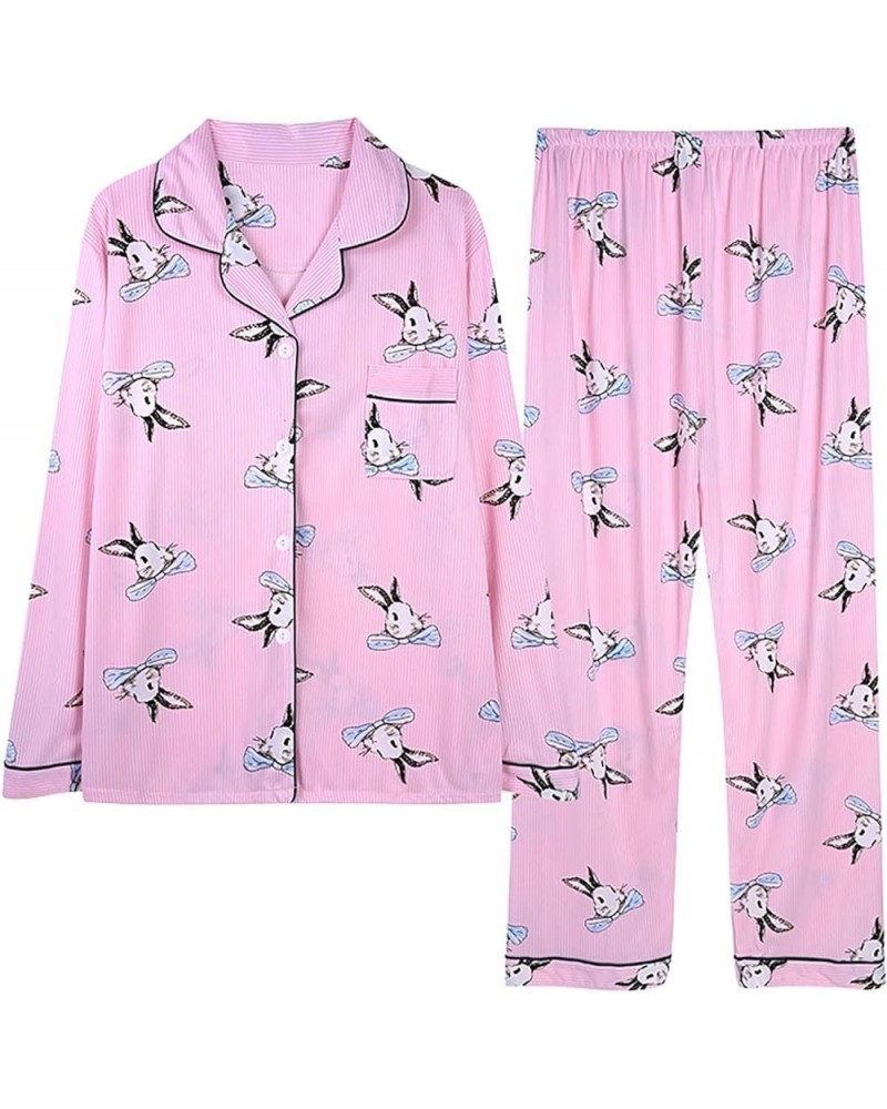 Pajama Sets for Women 2 Piece Outfits Fall Sets Casual Comfy Wide Leg Pants Button Lapel Pajamas Set Home Loungewear 05-pink ...