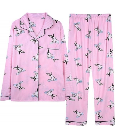 Pajama Sets for Women 2 Piece Outfits Fall Sets Casual Comfy Wide Leg Pants Button Lapel Pajamas Set Home Loungewear 05-pink ...