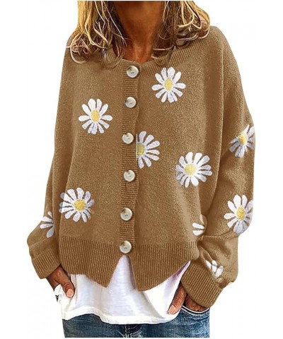 Women's Y2K Cropped Knit Cardigan Casual Embroidered Print Button Down V-Neck Loose Knitwear Cute Daisy Cardigans Sweater C-b...