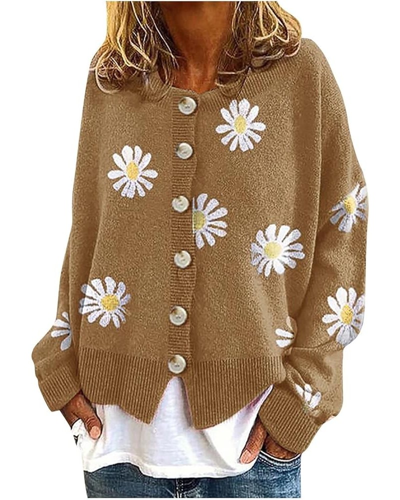 Women's Y2K Cropped Knit Cardigan Casual Embroidered Print Button Down V-Neck Loose Knitwear Cute Daisy Cardigans Sweater C-b...