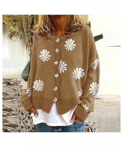 Women's Y2K Cropped Knit Cardigan Casual Embroidered Print Button Down V-Neck Loose Knitwear Cute Daisy Cardigans Sweater C-b...