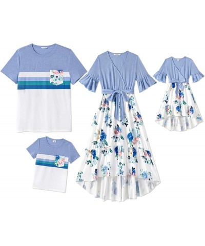 Family Matching Outfits Short Sleeve Belted Spliced Pattern Print Dresses and Casual T-Shirts Matching Sets Men Light Blue $1...