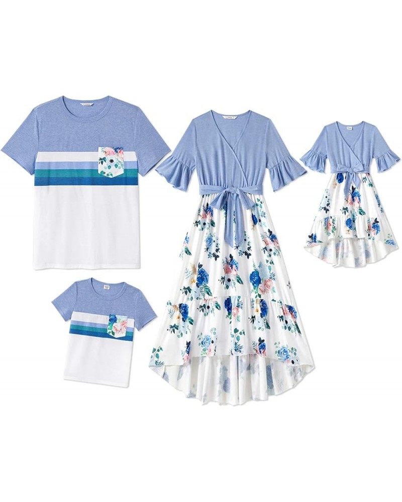 Family Matching Outfits Short Sleeve Belted Spliced Pattern Print Dresses and Casual T-Shirts Matching Sets Men Light Blue $1...